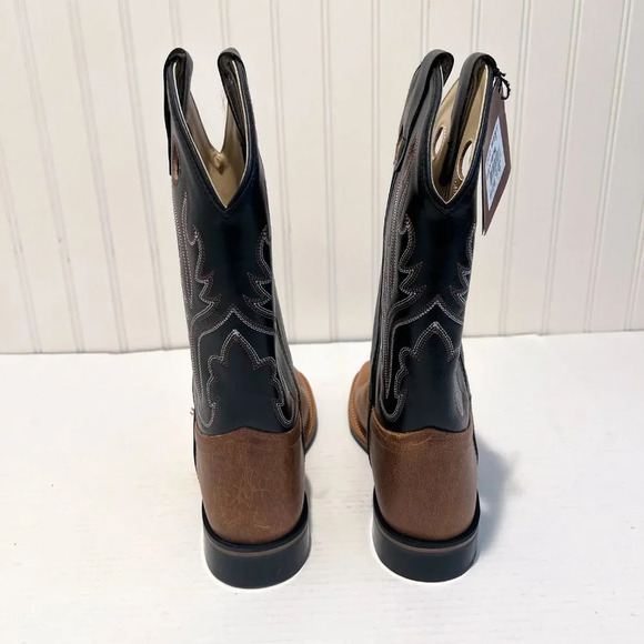 Old West Square Toe Contrast Stitched Leather Western Pull On Cowboy Boots 7 - Picture 11 of 14